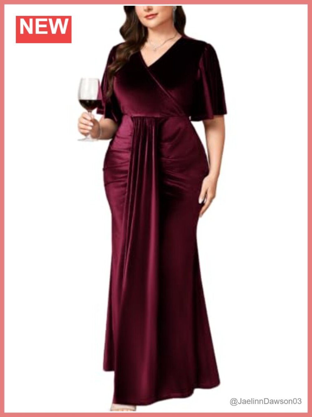 Plus Size Velvet Formal Maxi Dress V Neck Wrap Ruched Flutter Sleeve Gown